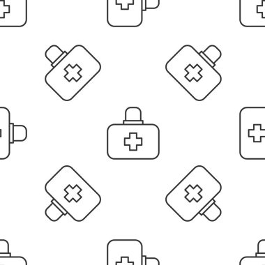 Gri çizgi ilk yardım çantası ikonu beyaz arka planda kusursuz desen izole etti. Haçlı sağlık kutusu. Acil durumlar için tıbbi ekipman. Sağlık sigortası konsepti. Vektör