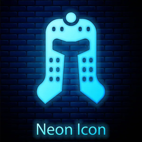 Glödande neon Medeltida järnhjälm för huvud skydd ikon isolerad på tegel vägg bakgrund. Vektor — Stock vektor