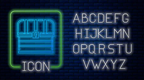 Светящийся неоновый значок антикварного сундука на фоне кирпичной стены. Винтажный деревянный сундук с золотой монетой. Неоновый легкий алфавит. Вектор — стоковый вектор