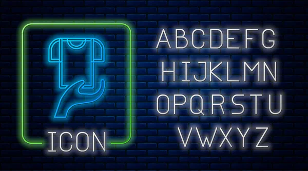 Gloeiende neon kleding donatie pictogram geïsoleerd op baksteen muur achtergrond. Neon licht alfabet. Vector — Stockvector