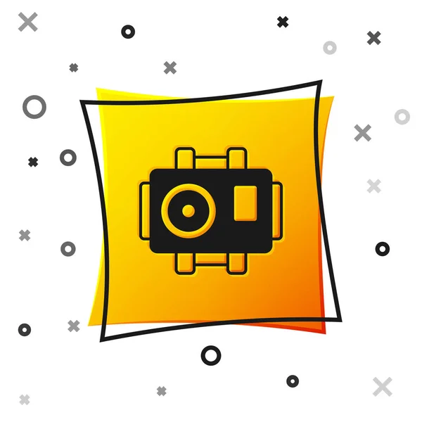 Black Photo camera for diver icon isolated on white background. Foto camera icon. Diving underwater equipment. Yellow square button. Vector — Stock Vector