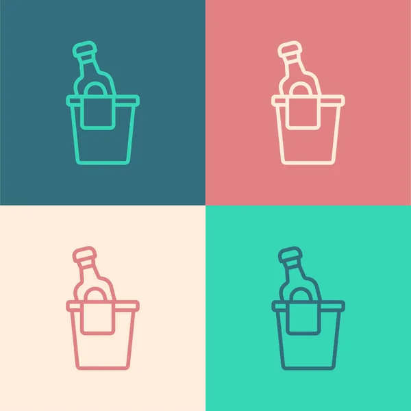 Pop art lijn Fles champagne in een ijsemmer pictogram geïsoleerd op kleur achtergrond. Vector — Stockvector