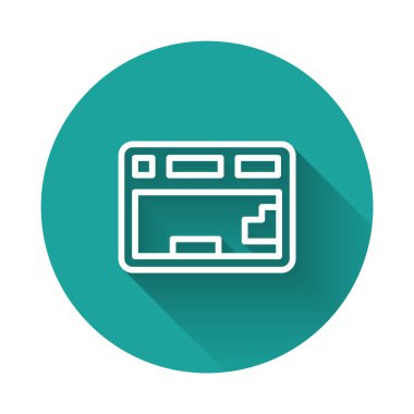 Beyaz çizgi Bilgisayar klavye simgesi uzun gölge arkaplanı ile izole edildi. Bilgisayar bileşeni işareti. Yeşil daire düğmesi. Vektör