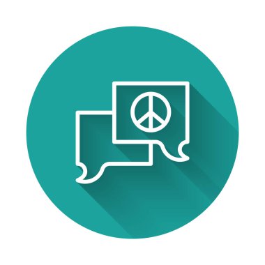 Beyaz çizgi konuşma balonu sohbet simgesi uzun gölge arkaplan izole. İleti simgesi. İletişim ya da yorum sohbet sembolü. Yeşil daire düğmesi. Vektör