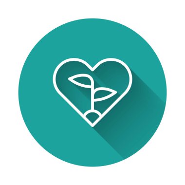 Çevre koruma ikonunun kalbindeki beyaz çizgi Yaprak uzun gölge arkaplan izole. Tohum ve tohum. Fidan dikiyorum. Ekoloji konsepti. Yeşil daire düğmesi. Vektör