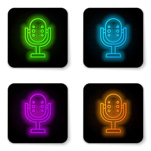 Glowing neon line Microphone icon isolated on white background. On air radio mic microphone. Speaker sign. Black square button. Vector