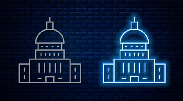 Icono de línea de neón brillante Casa Blanca aislado en el fondo de la pared de ladrillo. Washington DC. Vector — Vector de stock
