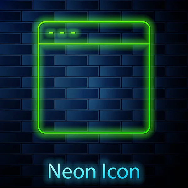 Glödande neon linje Browser fönster ikonen isolerad på tegel vägg bakgrund. Vektor — Stock vektor