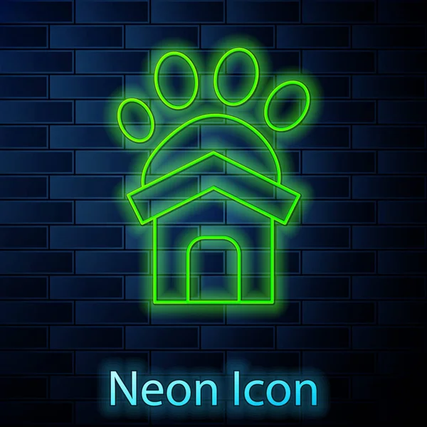 Leuchtende Neon-Linie Tierheim Haus Ikone isoliert auf Backsteinwand Hintergrund. Vektor — Stockvektor