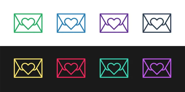 Set line Briefumschlag mit Valentine Herz-Symbol isoliert auf schwarzem und weißem Hintergrund. Botschaft Liebe. Briefliebe und Romantik. Vektor — Stockvektor