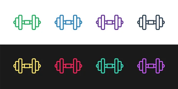 Set line Dumbbell icon isoliert auf schwarzem und weißem Hintergrund. Muskelheben, Fitness-Langhantel, Sportgeräte. Vektor — Stockvektor