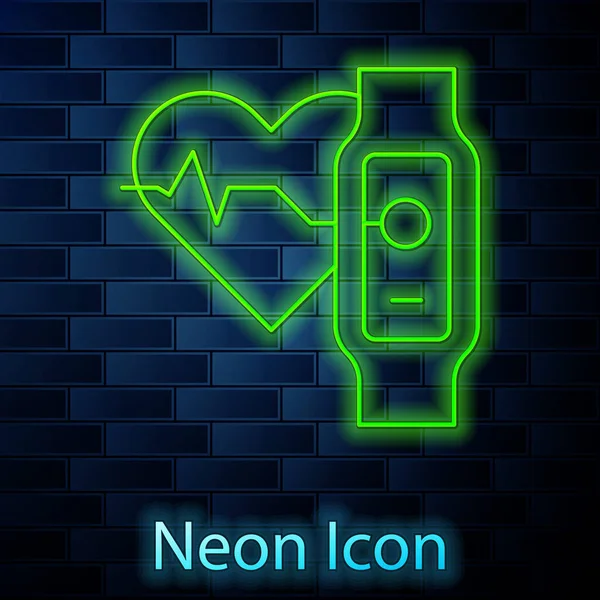 글로잉 네온 라인 스마트 워치는 벽돌 벽 배경에 고립된 심장 박동수 아이콘을 보여 주고 있다. 피트 니스 앱 컨셉. Vector — 스톡 벡터