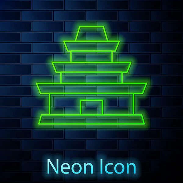 Leuchtende Neon-Linie Traditionelle koreanische Tempelbau-Ikone isoliert auf Backsteinmauer Hintergrund. Vektor — Stockvektor