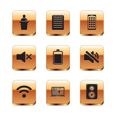 Hoparlör, kablosuz ağ, tıbbi klinik kayıtları, pili, dilsizi ve mobil uygulama simgesini ayarla. Vektör