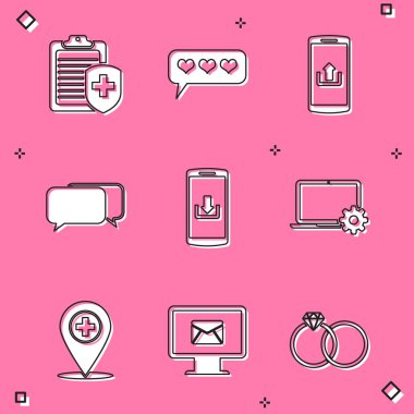 Panoyu sağlık sigortası, akıllı telefon yüklemesi, sohbet, indirme ve dizüstü bilgisayar ikonu ile ayarla. Vektör