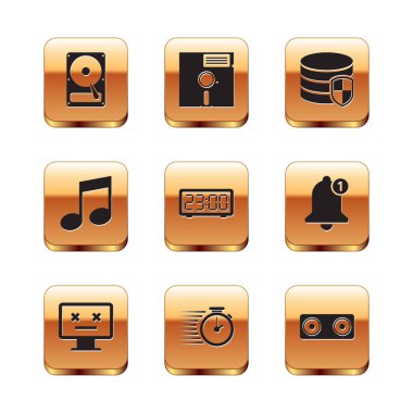 Hard disk sürücüsü HDD, Dead Monitör, Stopwatch, Dijital alarm saati, Müzik notası, ton ve Veritabanı koruma simgesi ayarla. Vektör