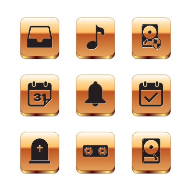 Sosyal medya gelen kutusunu, Tombstone 'u haç ile, Stereo hoparlörünü, Zil' i, Takvim ve Sabit disk koruma simgesini ayarla. Vektör