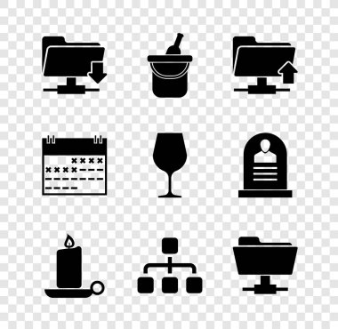 FTP klasörü indirmeyi, bir şişe şarabı kovaya yükleme, yanan mum şamdanı, hiyerarşi organogram şemasını ve simgeyi ayarla. Vektör