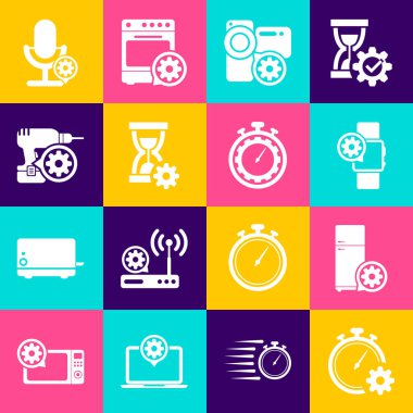 Zaman yönetimi ayarları, Buzdolabı, Smartwatch, Video kamera, Kum Saati ve Matkap simgesi. Vektör
