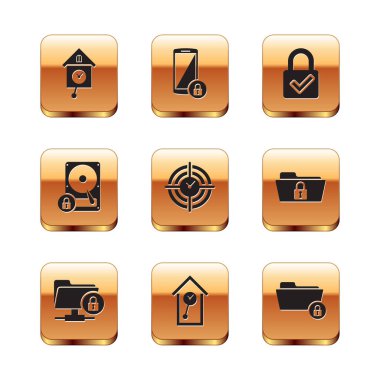 Retro duvar saatini, FTP klasörünü ve kilidini, Zaman Yönetimi 'ni, sabit disk sürücüsünü ve kilit simgesini ayarla. Vektör