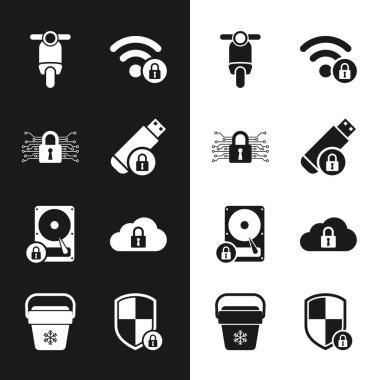 USB flash diski kilit, Siber güvenlik, Scooter, Wifi kilitlendi, sabit disk ve Cloud bilgisayar simgesi ile ayarla. Vektör
