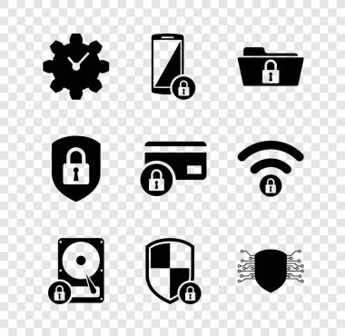 Zaman Yönetimini Ayarla, Kilitli Akıllı Telefon, Dizin ve, Sabit disk Sürücüsü, Kalkan güvenliği ve Siber simge. Vektör