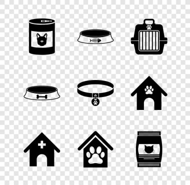 Köpek için konserve yiyecek, evcil hayvan kasesi, çanta, veteriner hastanesi, köpek evi ve pati baskısı evcil hayvanı ve kedi ikonu çantası. Vektör