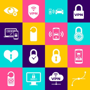 Bezier eğrisi, mobil ve yüz tanıma, güvenli kilit tekerleği, akıllı araba alarm sistemi, lütfen rahatsız etmeyin ve iki adım kimlik doğrulama simgesi ayarlayın. Vektör