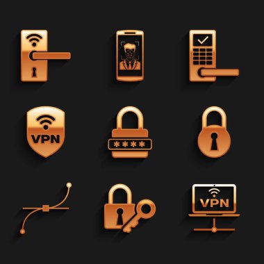 Şifre koruması, kilit ve anahtar, VPN Bilgisayar ağı, Bezier eğrisi ve kalkanı kablosuz simgesi ile ayarla. Vektör