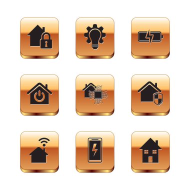 House 'u koruma altına al, Wi-Fi' lı Smart Home, Mobil şarj pili, pili, ampulü ve dişli ikonu olan akıllı ev. Vektör