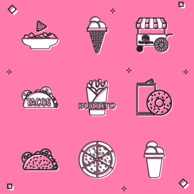 Nachos 'u tabağa koy, dondurma külahı, Fast street food seti, tortilla, burrito, alüminyum kutu soda ve çörek ve pizza ikonu ile Taco. Vektör