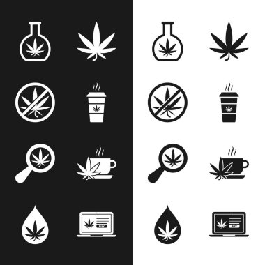 Marihuana, Stop, Test tüpü, esrar veya kenevir yaprağı, büyüteç ve çay, internetten satın alma ve yağ ikonu ile fincan kahve hazırla. Vektör