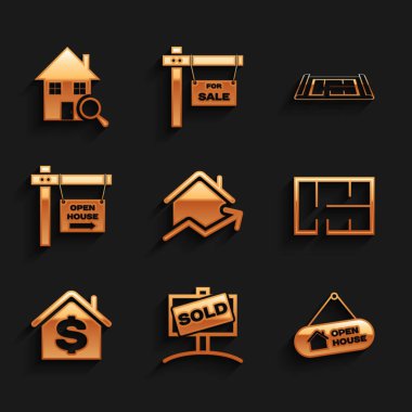 Yükselen konut maliyetleri, Satıldı tabelası, ev satışı, ev planı, dolar ve arama ikonu. Vektör