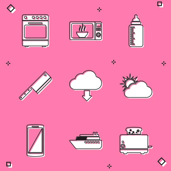 Σετ Φούρνος, Φούρνος μικροκυμάτων, Baby bottle, Meat chopper, Cloud download και Sun and cloud weather icon. Διάνυσμα — Διανυσματικό Αρχείο