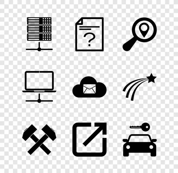 Set Server, Data, Web Hosting, Onbekend document, Zoeklocatie, Twee gekruiste hamers, Open nieuw venster en Autoverhuur pictogram. Vector — Stockvector