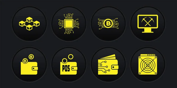 Set portefeuille Crypto-monnaie, Exploitation minière avec moniteur et pioche, Preuve de mise,, circuit Bitcoin et icône du processeur. Vecteur — Image vectorielle