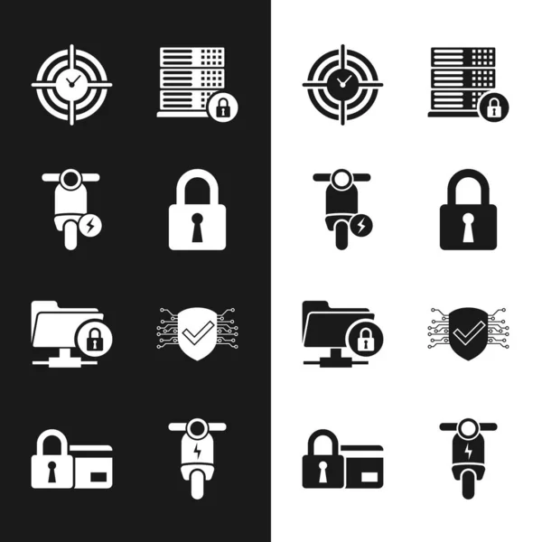 Set Lock, Electric scooter, Time Management, Server security with lock, FTP folder and and Cyber icon. Vector — Stock Vector