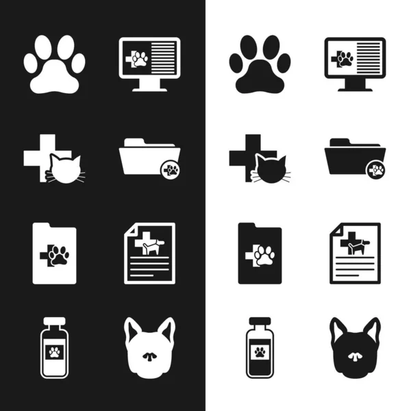 Set Medisch veterinair dossier, Veterinaire kliniek, Paw print, Klinisch huisdier op monitor, en certificaat voor hond kat pictogram. Vector — Stockvector