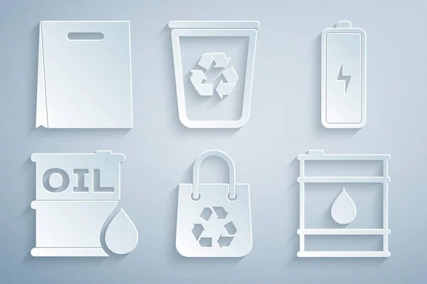 Zestaw torba na zakupy z recyklingu, bateria, beczka oleju, kosz na śmieci i ikona. Wektor — Wektor stockowy
