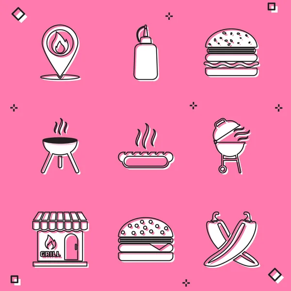 Set Location with fire flame, Mustard bottle, Burger, Barbecue grill, Hotdog sandwich, shopping building and icon. Vector — Stock Vector