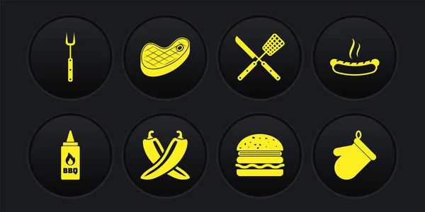 Set Botella de ketchup, sándwich de hotdog, vaina de chile picante cruzado, hamburguesa, espátula de cuchillo, carne de filete, guante para horno e icono de tenedor de barbacoa. Vector — Vector de stock