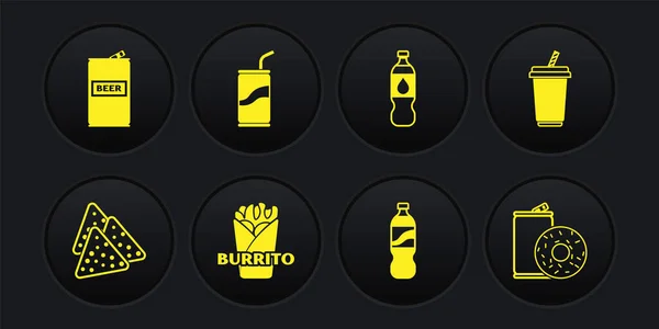 Set Nachos, Glas mit Wasser, Burrito, Flasche, Sodadose Trinkhalm, Aluminiumsoda und Donut und Bier-Symbol. Vektor — Stockvektor