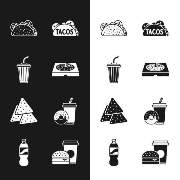 Set Pizza en caja de cartón, vaso con agua, Taco tortilla, Nachos, Bebida de soda donut, Café y hamburguesa e icono de la botella. Vector — Archivo Imágenes Vectoriales