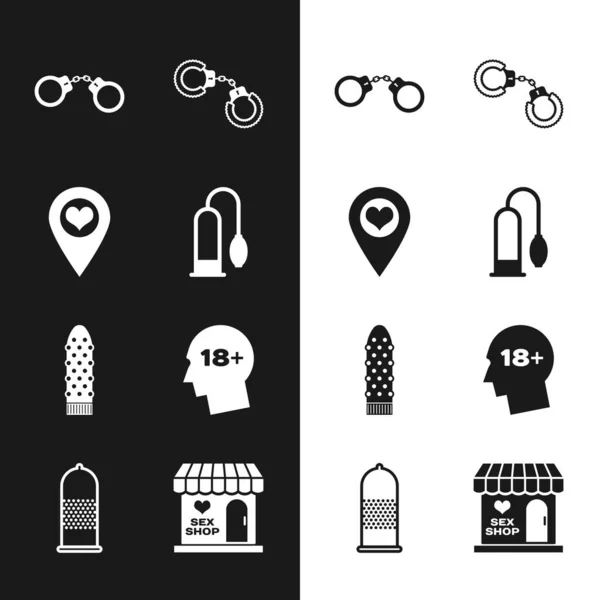 Set Penis pump, Location with heart, Handcuffs, Sexy fluffy handcuffs, Dildo vibrator, Head 18 plus, shop building and Condom safe sex icon. Vector — Stockový vektor