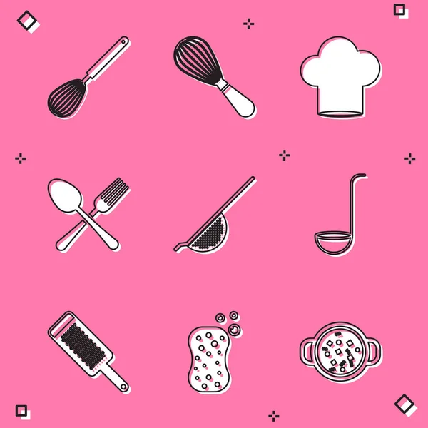 Set Fouet de cuisine, chapeau de chef, fourchette croisée et cuillère, passoire, louche, râpe et éponge avec icône bulles. Vecteur — Image vectorielle