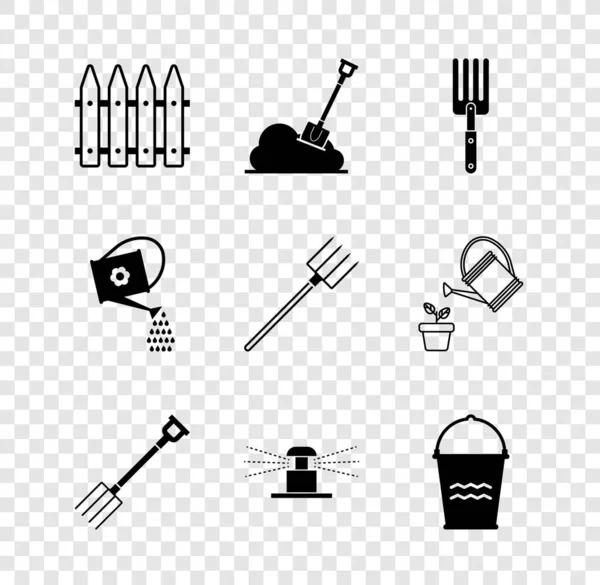 Set Garden fence, Shovel in the ground, fork, pitchfork, Automatic irrigation sprinklers, Bucket, Watering can and icon. Vector — Stock Vector