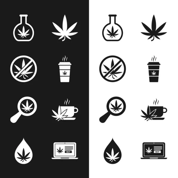 Set Cup καφέ με μαριχουάνα, Stop, δοκιμαστικό σωλήνα, μαριχουάνα ή φύλλα κάνναβης, Μεγεθυντικό γυαλί και, τσάι, Online αγορά και εικονίδιο πετρελαίου. Διάνυσμα — Διανυσματικό Αρχείο