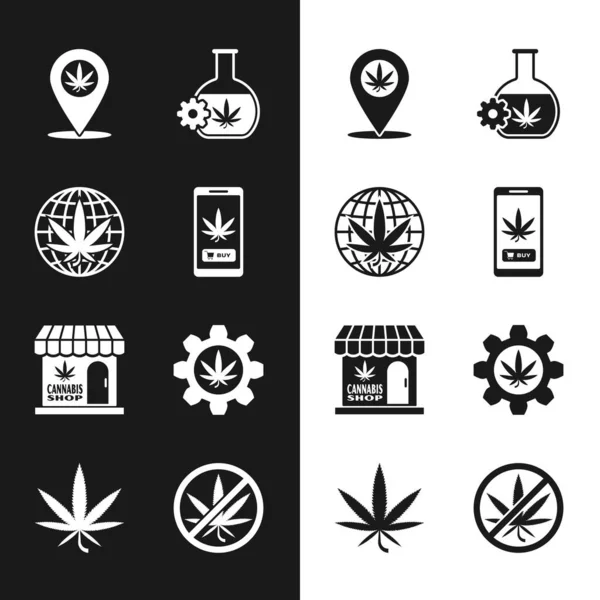 Set Online marihuana, yasallaştırma, konum ve test tüpü, marihuana marihuana dükkanı, dur ve yaprak ikonu alıyor. Vektör — Stok Vektör