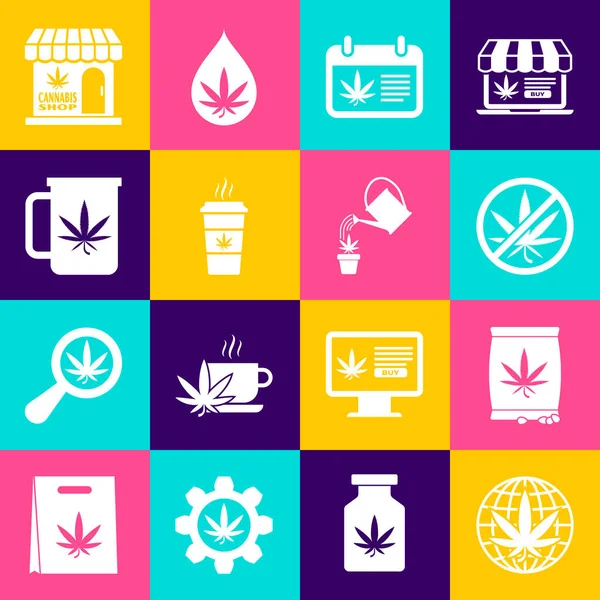 Set Legaliza marihuana, marihuana o semillas de cannabis, Stop, Calendar y, taza de café con, té, tienda e icono de Riego. Vector — Vector de stock