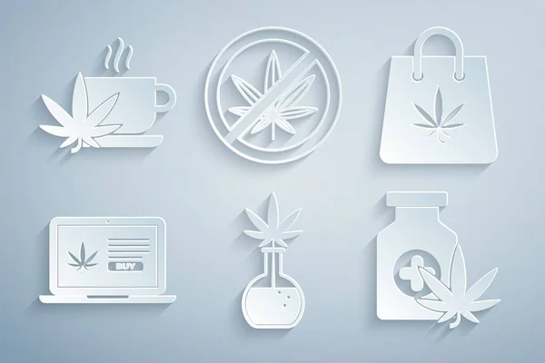 Test tüpünü marihuana ile hazırla, alışveriş poşeti, online alışveriş, tıbbi şişe, Stop and Cup çay ikonu. Vektör — Stok Vektör